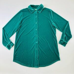 Soft Surroundings green velvety velour blouse XS button down holiday dressing